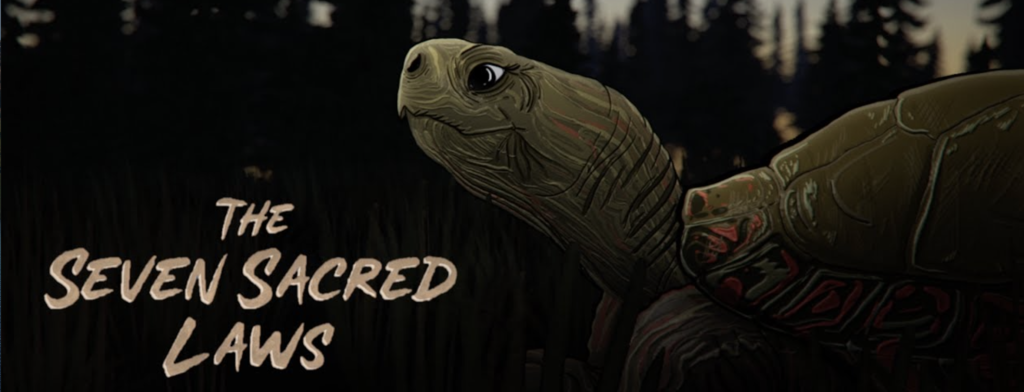 The Seven Sacred Laws - A dark forest with a large animated stylized tortoise on the right side of the screen, only half of the shell and tortoise head is visible.